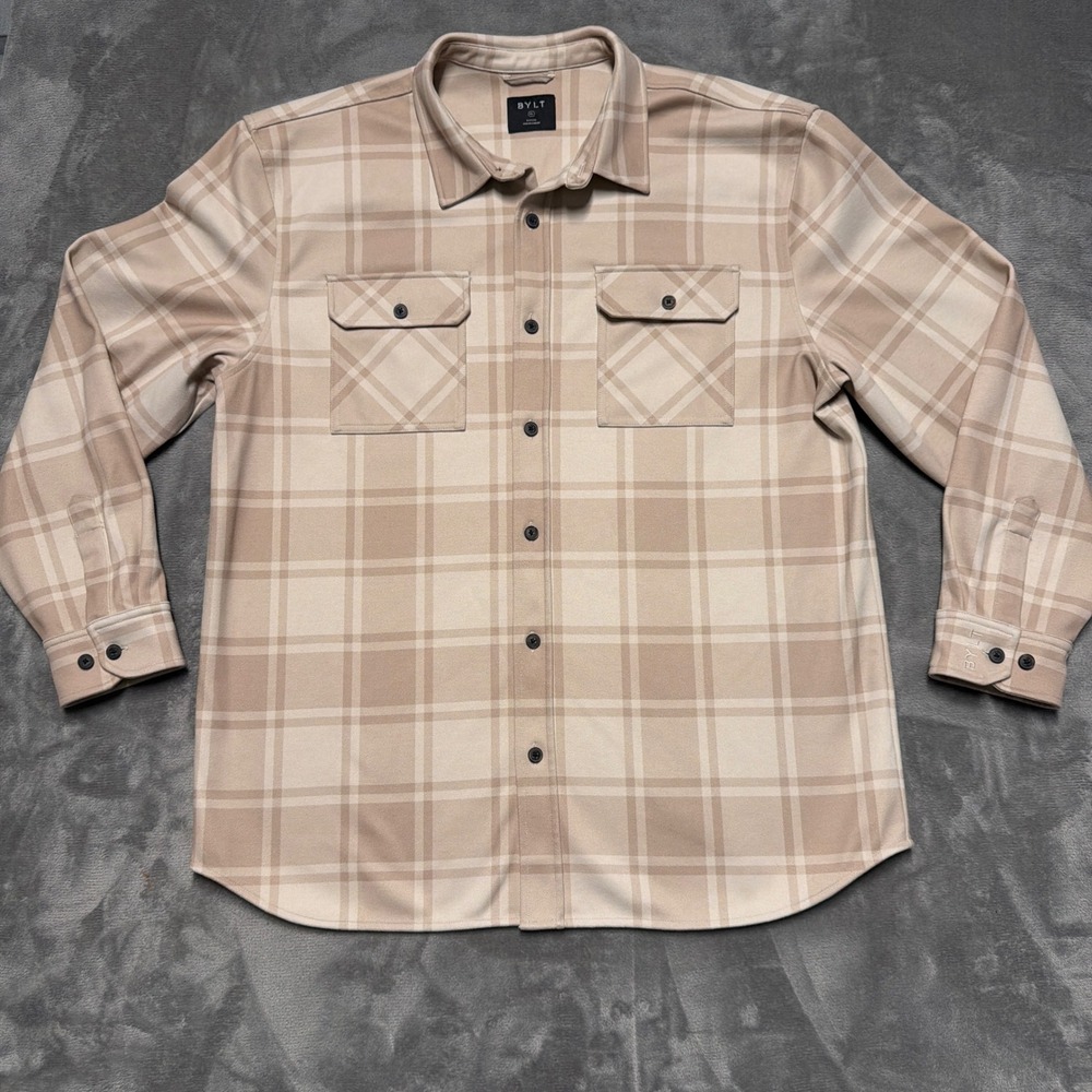 BYLT Coastal‎ Flannel Button Down Men XXL Beige Plaid Overshirt Heavyweight